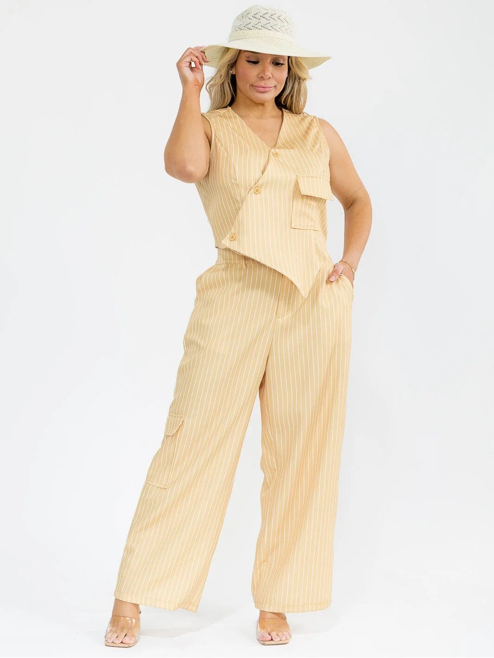1X, 2X, 3X Sleeveless Striped Wide-Leg 2 Piece Suit - Yellow